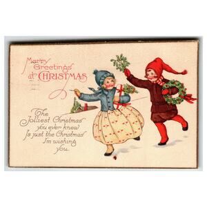 Vintage Stecher Christmas Postcard Kids with Wreath & Gift 1912 Maine Postmark